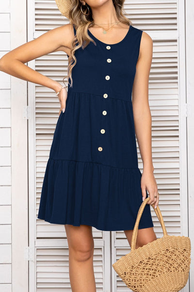 Decorative Button Scoop Neck Sleeveless Tiered Dress-Authentically Radd Women's Online Boutique in Endwell, New York