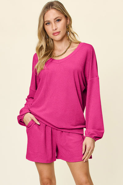 Double Take Textured V-Neck Long Sleeve T-Shirt and Shorts Set-Authentically Radd Women's Online Boutique in Endwell, New York