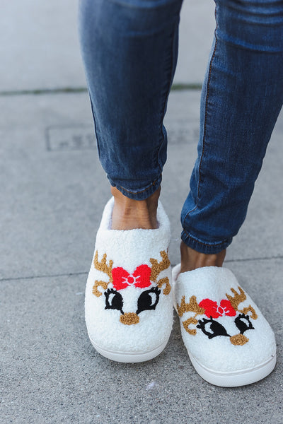 Christmas Reindeer Print Fleece Slippers-2024 Blow-Out Sale-Authentically Radd Women's Online Boutique in Endwell, New York