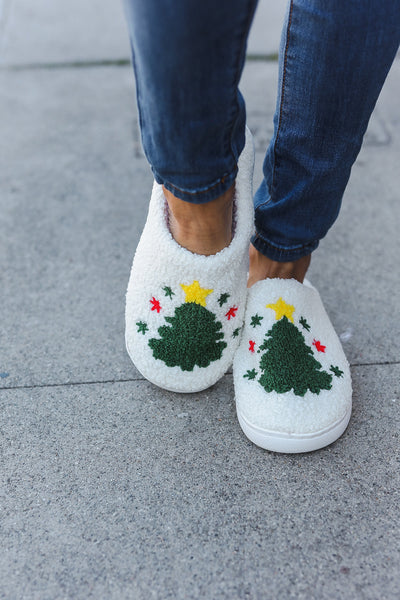 Christmas Tree Print Fleece Slippers-2024 Blow-Out Sale-Authentically Radd Women's Online Boutique in Endwell, New York