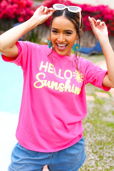 Feeling Joyful "Hello Sunshine" Embroidered French Terry Top-2024 Summer Blow Out Sale-Authentically Radd Women's Online Boutique in Endwell, New York