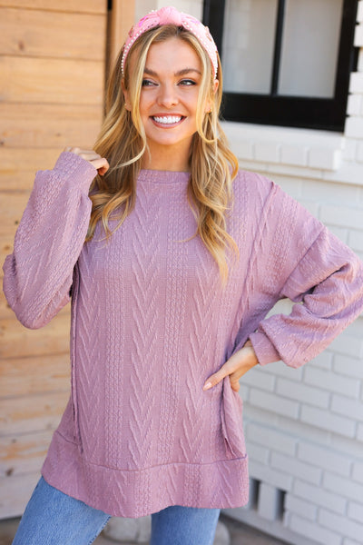 Back To Basics Mauve Jacquard Cable Pullover Top-Authentically Radd Women's Online Boutique in Endwell, New York