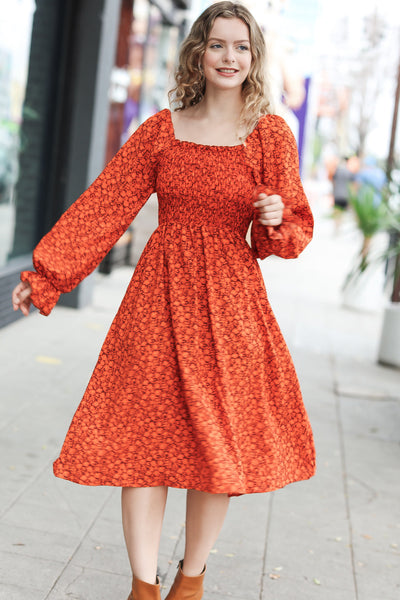 Keep You Close Rust Smocking Ditsy Floral Woven Dress-Authentically Radd Women's Online Boutique in Endwell, New York