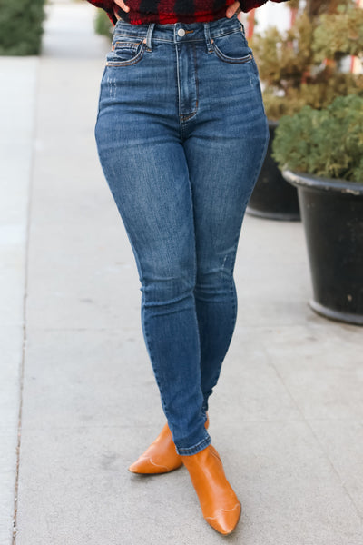 Going Up Dark Denim High Waist Distressed Skinny Jeans-Authentically Radd Women's Online Boutique in Endwell, New York