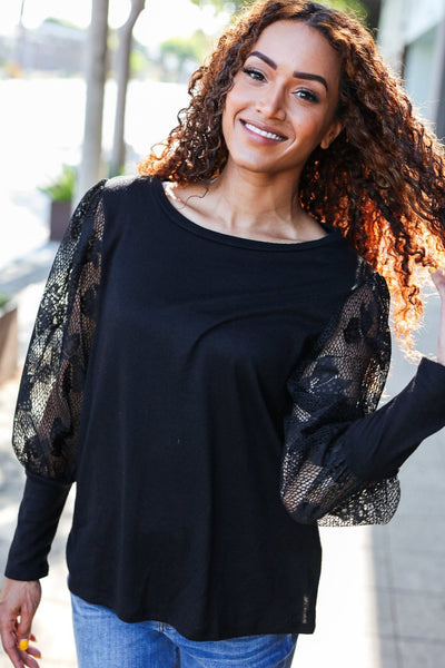 Feeling Femme Black Lace Bubble Sleeve Hacci Sweater Top-Authentically Radd Women's Online Boutique in Endwell, New York