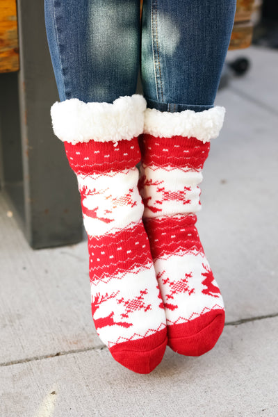 Red Holiday Reindeer Sherpa Traction Bottom Slipper Socks-Authentically Radd Women's Online Boutique in Endwell, New York