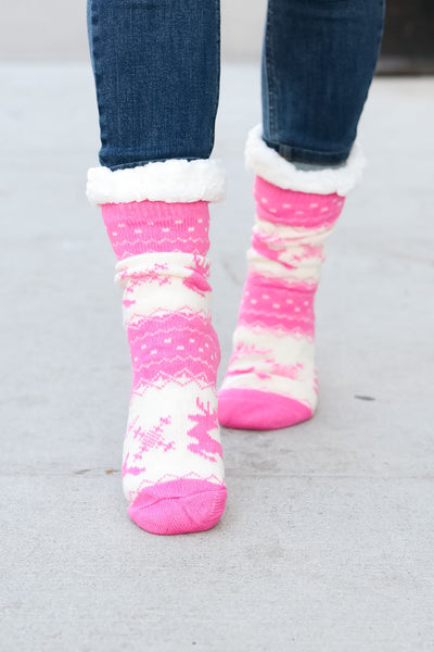 Hot Pink Reindeer Sherpa Traction Bottom Slipper Socks-Authentically Radd Women's Online Boutique in Endwell, New York
