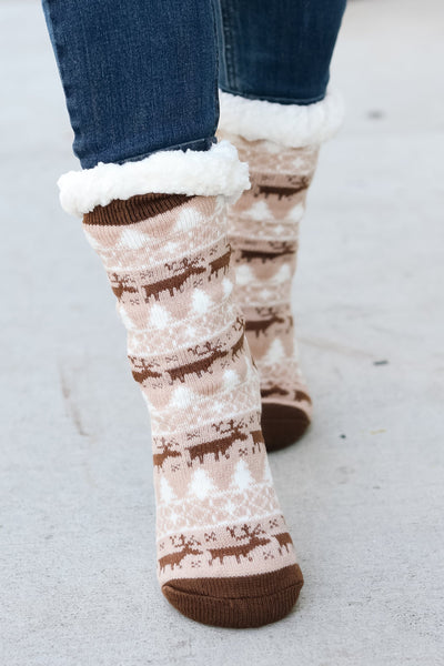 Brown Reindeer Sherpa Traction Bottom Slipper Socks-Authentically Radd Women's Online Boutique in Endwell, New York