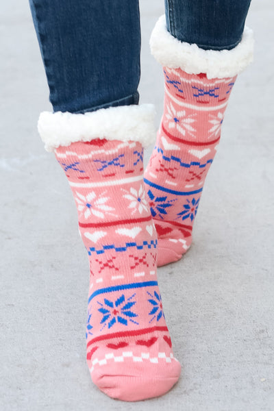 Blush Holiday Sherpa Traction Bottom Slipper Socks-Authentically Radd Women's Online Boutique in Endwell, New York
