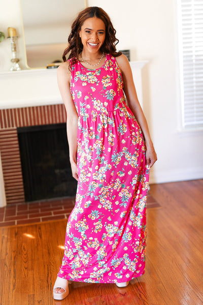 Pink Floral Print Fit and Flare Sleeveless Maxi Dress-Authentically Radd Women's Online Boutique in Endwell, New York