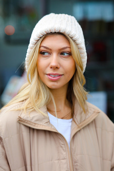 Cream Knit Velvet Chenille Fold Over Beanie-2024 Blow-Out Sale-Authentically Radd Women's Online Boutique in Endwell, New York