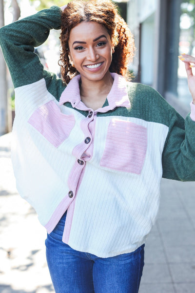 Pretty In Pink & Olive Color Block Button Down Ribbed Shacket-Authentically Radd Women's Online Boutique in Endwell, New York