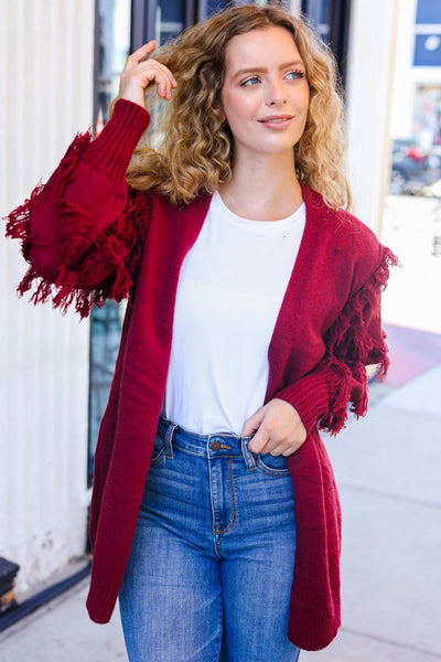 Beautiful You Burgundy Fringe Detail Knit Cardigan-Authentically Radd Women's Online Boutique in Endwell, New York