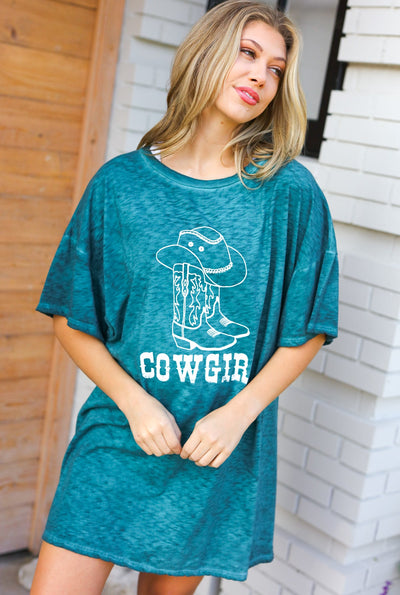 Emerald Cotton Blend COWGIRL Graphic Long Tee-07-01-25 Summer Sale-Authentically Radd Women's Online Boutique in Endwell, New York