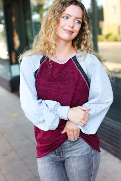 Autumn Vibes Grey & Burgundy Color Block Raglan Sweater-Authentically Radd Women's Online Boutique in Endwell, New York