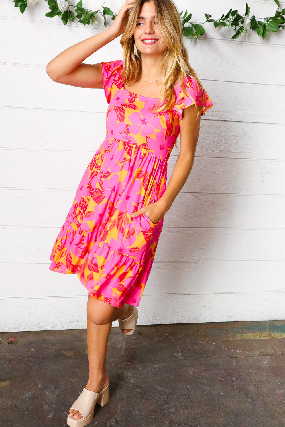 Fuchsia & Orange Tropical Floral Square Neck Dress-Authentically Radd Women's Online Boutique in Endwell, New York