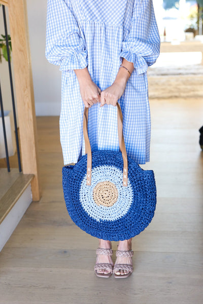 Blue Raffia Woven Circle Lined Bag-Authentically Radd Women's Online Boutique in Endwell, New York