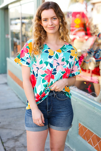 Teal & Coral Flat Floral V Neck Top-Authentically Radd Women's Online Boutique in Endwell, New York