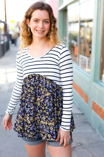 Cream & Navy Floral Stripe V Neck Colorblock Top-Authentically Radd Women's Online Boutique in Endwell, New York