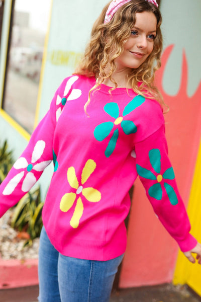 Flower Power Hot Pink Daisy Jacquard Pullover Sweater-Authentically Radd Women's Online Boutique in Endwell, New York