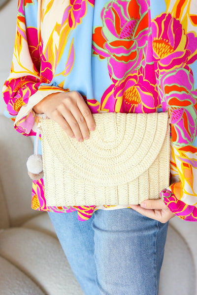 Raffia Flap Closure Clutch Bag with Wrist Strap and Pom Pom-2024 Blow-Out Sale-Authentically Radd Women's Online Boutique in Endwell, New York