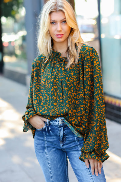Sweet But Sassy Hunter Green Ditzy Floral Frill Neck Top-Authentically Radd Women's Online Boutique in Endwell, New York