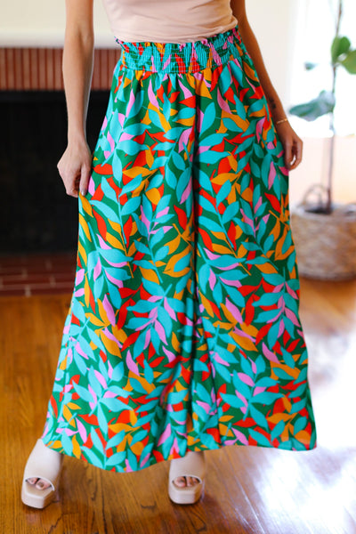 Summer Vibes Green & Orange Abstract Print Smocked Palazzo Pants-2024 Summer Blow Out Sale-Authentically Radd Women's Online Boutique in Endwell, New York