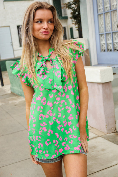 Be Bold Green Animal Print Bow Tie Flutter Sleeve Top-07-01-25 Summer Sale-Authentically Radd Women's Online Boutique in Endwell, New York