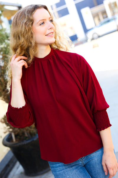 Bold Dreams Wine Smocked Three Quarter Sleeve Tie Back Top-Authentically Radd Women's Online Boutique in Endwell, New York