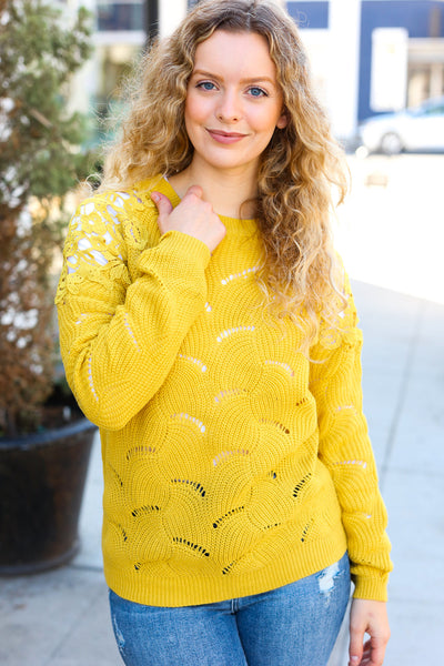 Feeling Fun Mustard Pointelle Lace Shoulder Knit Sweater-Authentically Radd Women's Online Boutique in Endwell, New York