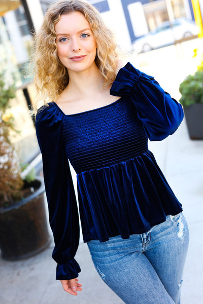 Shine Your Light Navy Crushed Velvet Smocked Ruffle Top-Authentically Radd Women's Online Boutique in Endwell, New York