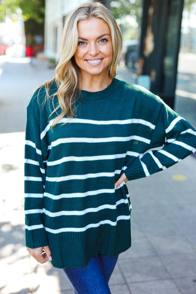 Stand Out Hunter Green Striped Oversized Knit Sweater-Authentically Radd Women's Online Boutique in Endwell, New York