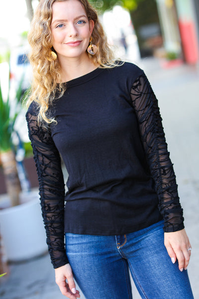 Black Shirred Velvet Mesh Long Sleeve Top-Authentically Radd Women's Online Boutique in Endwell, New York