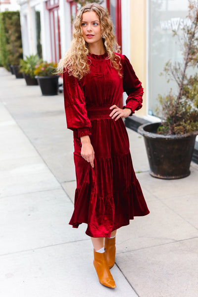 Holiday Dreaming Burgundy Velvet Mock Neck Smocked Waist Dress-Authentically Radd Women's Online Boutique in Endwell, New York