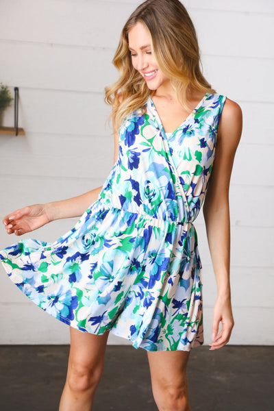 Green & Blue Floral Sleeveless Surplice Romper-Authentically Radd Women's Online Boutique in Endwell, New York