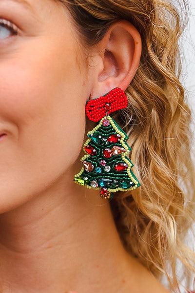 Christmas Tree Beaded & Rhinestone Dangle Earrings-Authentically Radd Women's Online Boutique in Endwell, New York