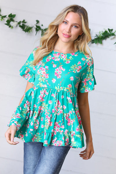 Teal Floral Frill Ruffle Hem Tiered Swing Top-Authentically Radd Women's Online Boutique in Endwell, New York