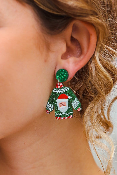 Green Christmas Sweater Acrylic Dangle Earrings-Authentically Radd Women's Online Boutique in Endwell, New York