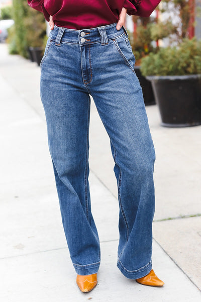 Judy Blue High Rise Double Button Crisscross Detail Wide Leg Jeans-Authentically Radd Women's Online Boutique in Endwell, New York