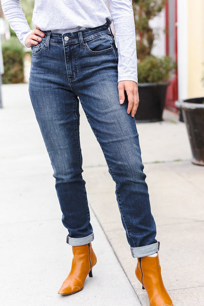 Judy Blue Dark Wash Mid Rise Cuffed Slim Fit Jeans-Authentically Radd Women's Online Boutique in Endwell, New York