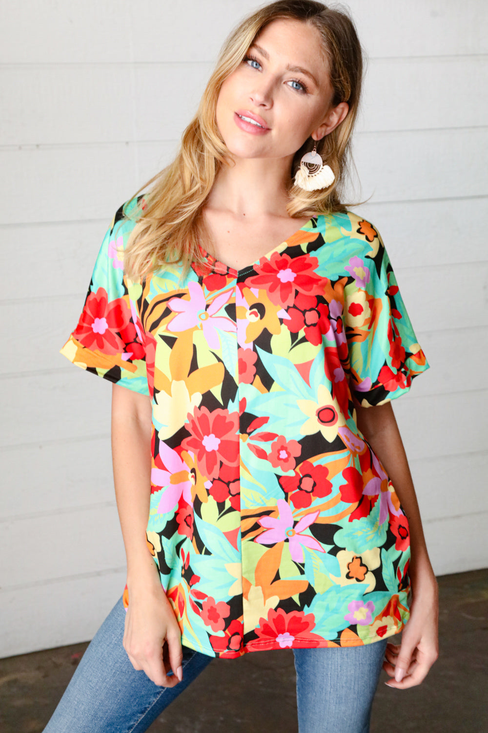 Multicolor Tropical Floral V Neck Drop Shoulder Top-Authentically Radd Women's Online Boutique in Endwell, New York