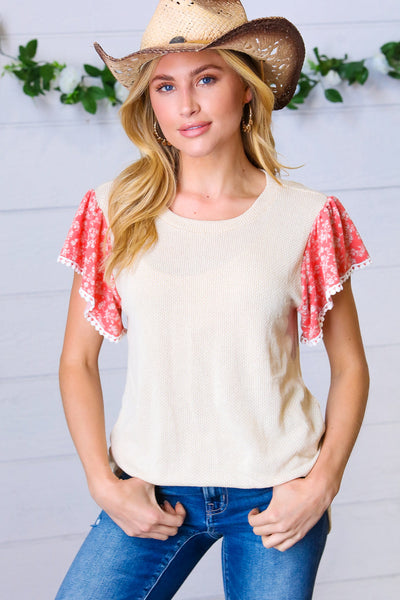 Coral & Sand Floral Short Flutter Sleeve Top-Authentically Radd Women's Online Boutique in Endwell, New York