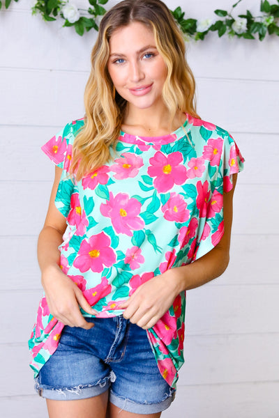 Mint & Fuchsia Floral Ruffle Sleeve Top-Authentically Radd Women's Online Boutique in Endwell, New York