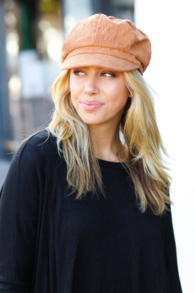 Camel Paperboy Corduroy Cap-Authentically Radd Women's Online Boutique in Endwell, New York