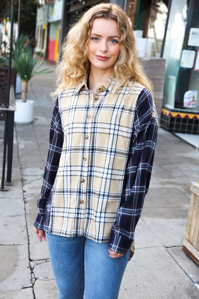 It's All Possible Navy& Beige Cotton Plaid Hi-Lo Shirt Top-Authentically Radd Women's Online Boutique in Endwell, New York