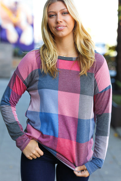 Weekend Ready Blue & Plum Checker Plaid French Terry Top-Authentically Radd Women's Online Boutique in Endwell, New York
