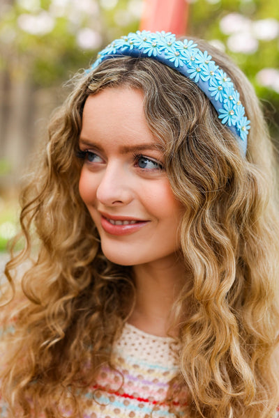 Blue Satin Daisy Rhinestone Headband-2024 Summer Blow Out Sale-Authentically Radd Women's Online Boutique in Endwell, New York