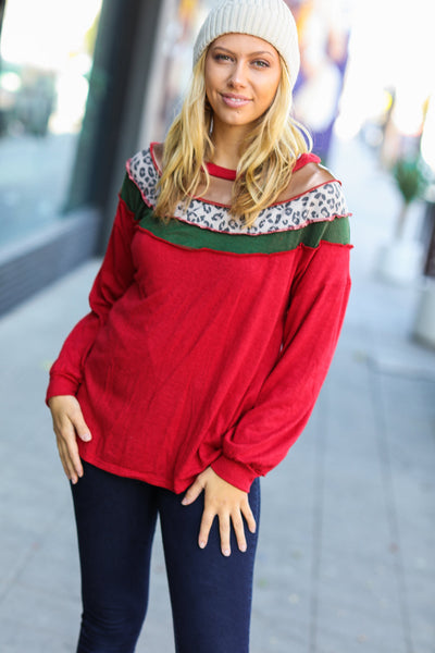 Christmas Red Terry Hacci Color Block Pullover-Authentically Radd Women's Online Boutique in Endwell, New York