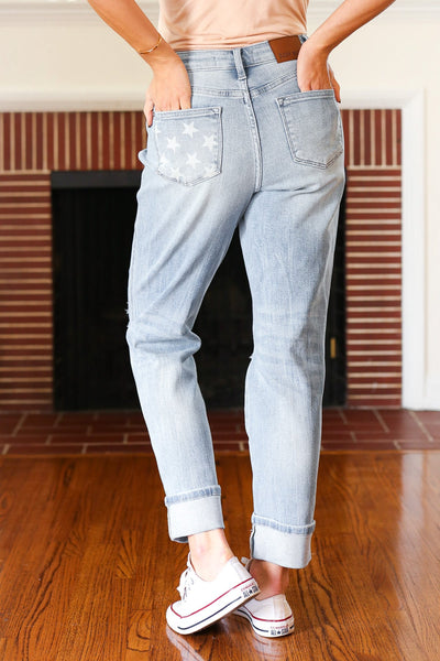 Judy Blue Light Wash Star Pocket Boyfriend Fit Cuffed Jeans-Authentically Radd Women's Online Boutique in Endwell, New York