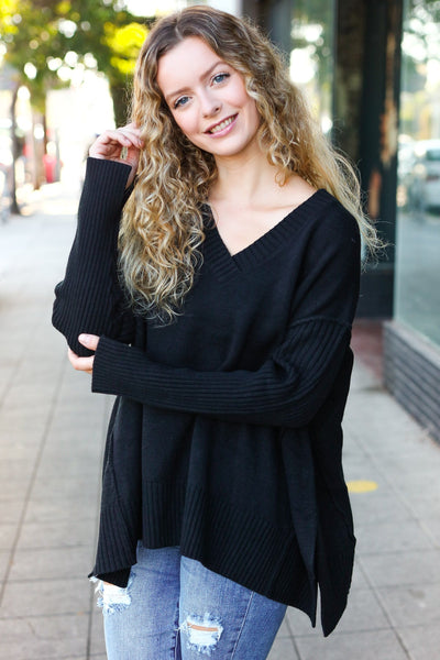 Slouchy Luxe V-Neck Sweater in Black-2024 Blow-Out Sale-Authentically Radd Women's Online Boutique in Endwell, New York